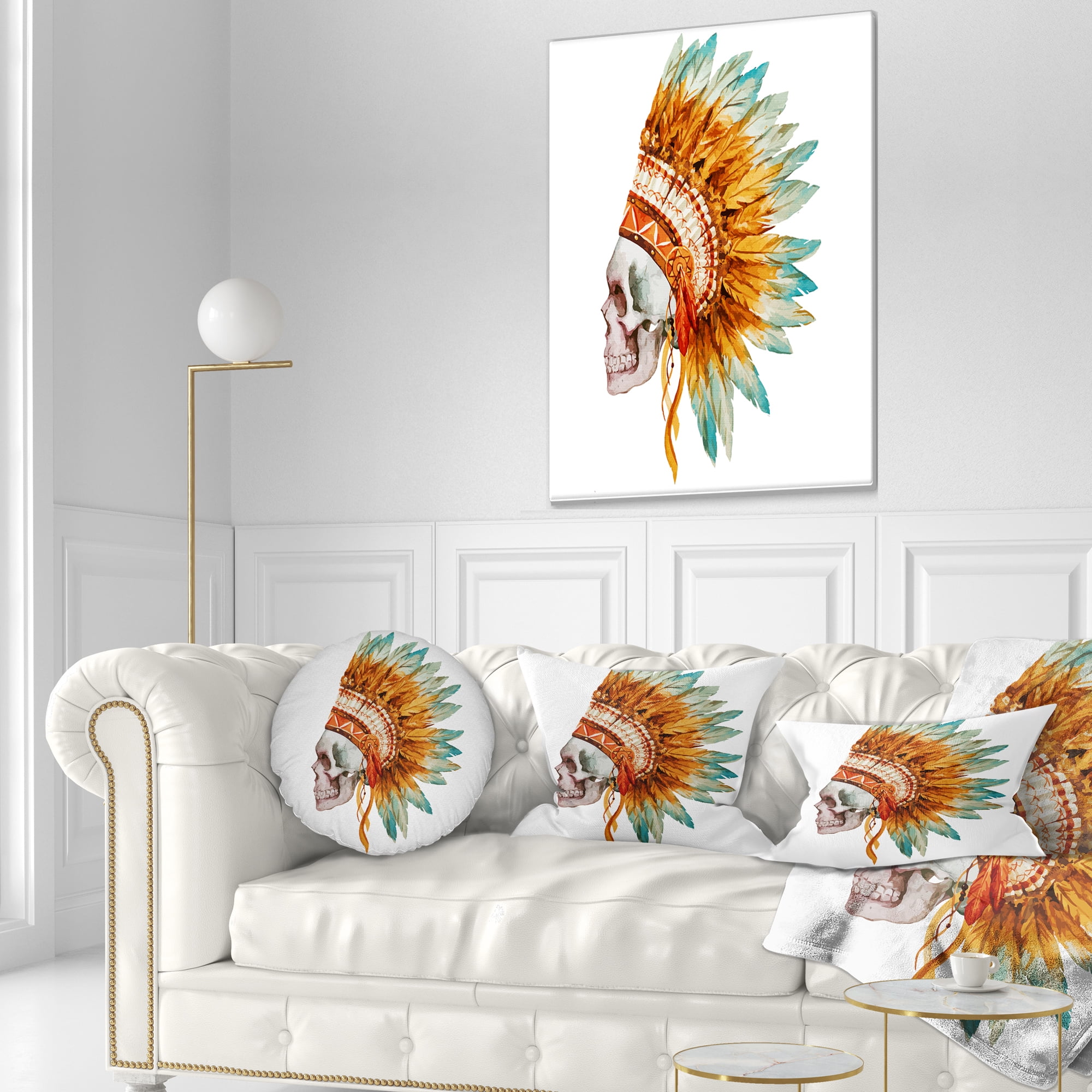 Designart Skull with Feathers - Abstract Throw Pillow - 12x20