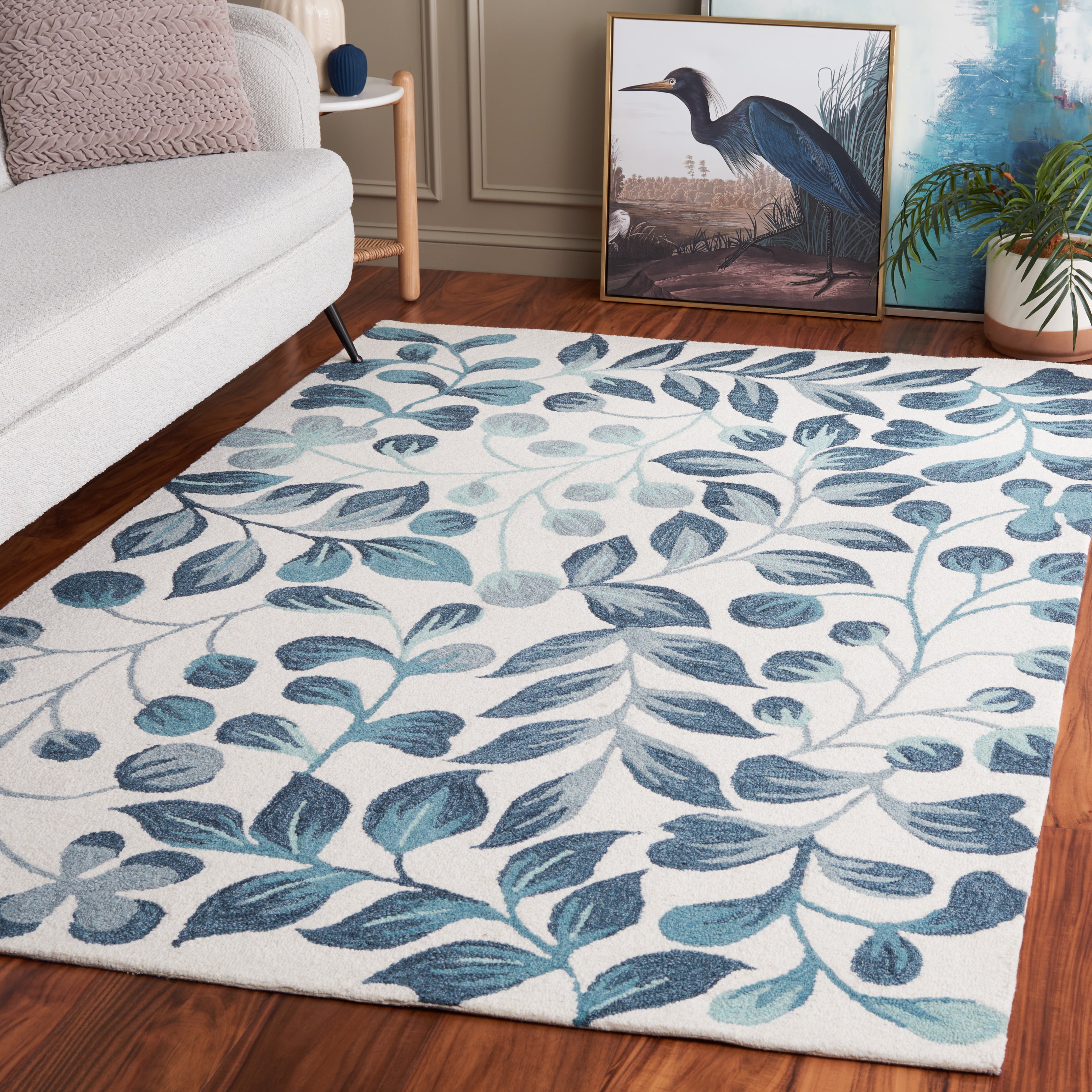 SAFAVIEH Jardin Quinton Leaves Area Rug, Ivory/Blue, 4' x 6'