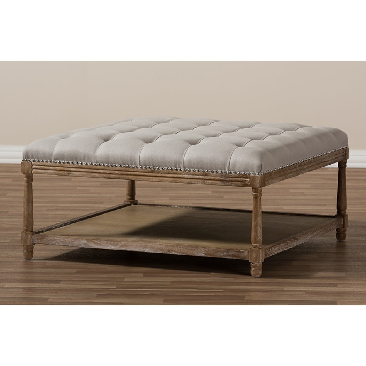 Baxton Studio Carlotta Oak Beige Linen Square Coffee Table Ottoman