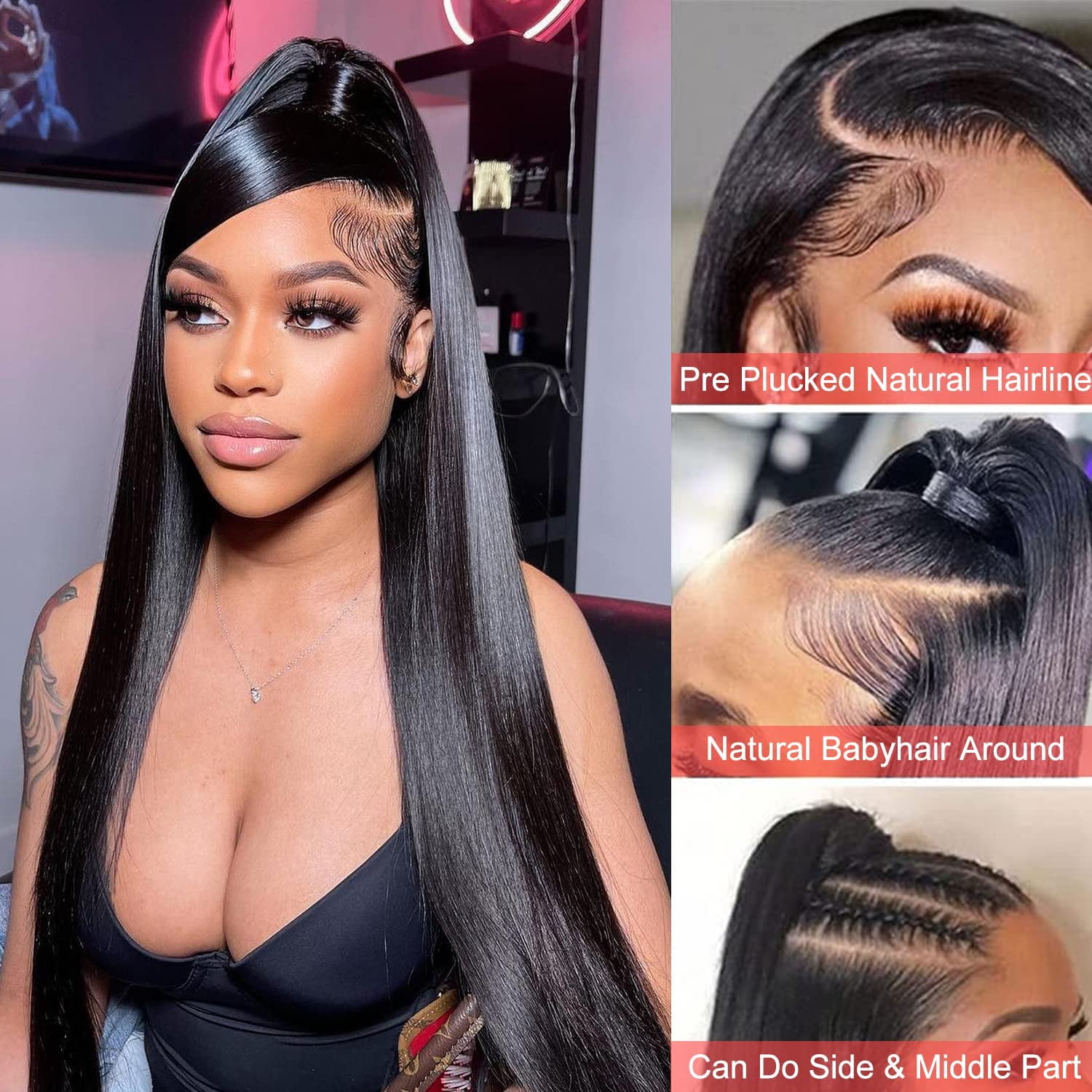 Straight Lace Front Wigs Human Hair Wigs Pre Plucked 13x4 Transparent HD Lace Frontal Wigs For Women Brazilian Virgin Human Hair Natural Black 22 Inches