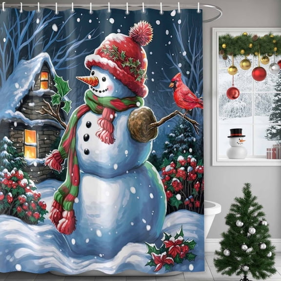 Christmas Snowman Shower Curtains for Bathroom, with Bird on Wooden House Waterproof Fabric Shower Curtain for Bathroom Bathtub Decoration, Machine Washable, 36"x72"