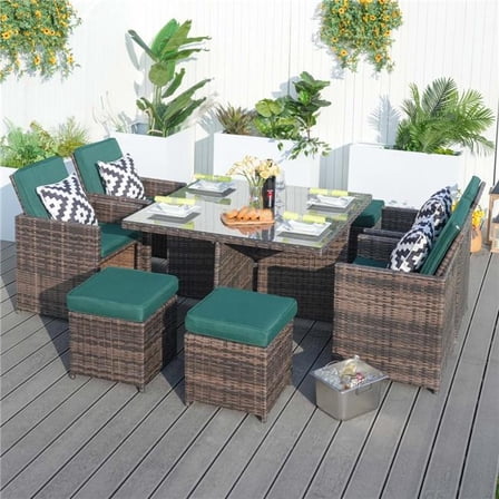 Direct Wicker DJ-3233B-BR-green 9-Piece Patio Wicker Dining Table with Cushioned Chair,Green