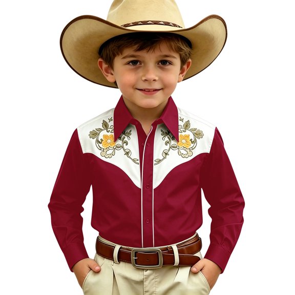 FYDUU Boys Casual Shirts Western Cowboy Long Sleeve Shirts Classic Fit Button Up Tops For Kids Vintage Shirt Party Wear 4-5 Years