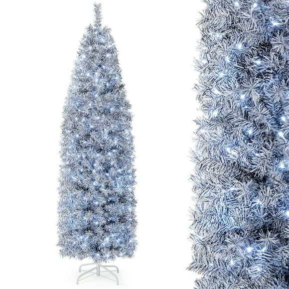 Gymax 7ft Pre-Lit Artificial Christmas Tree Hinged Slim Pencil Xmas Tree w/ LED Lights