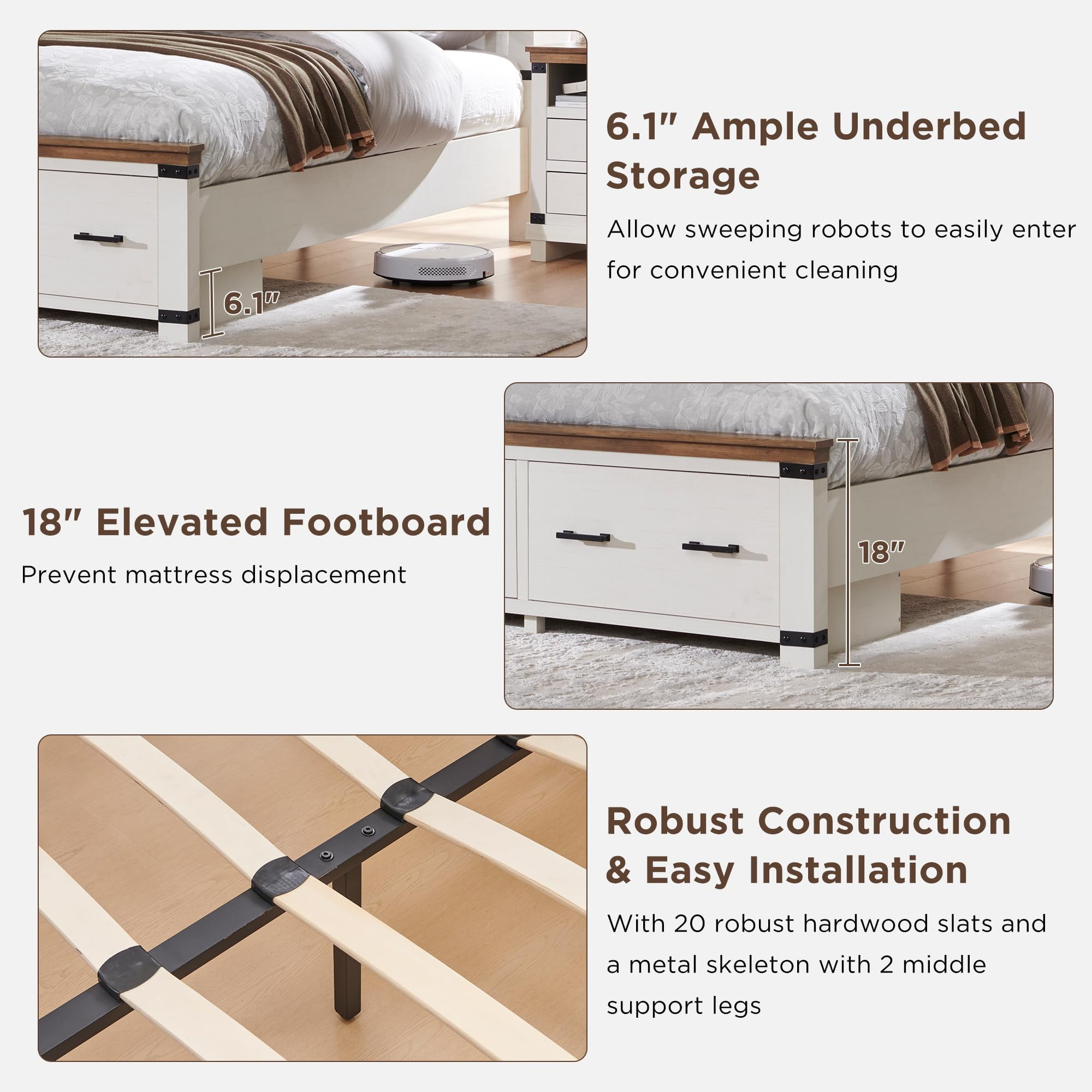 OKD Queen Size Bed Frame W/ 54" Tall Geometric Headboard, Farmhouse Wood Platform Bed W/ 2 Large Storage Drawers, No Box Spring Needed, Antique White