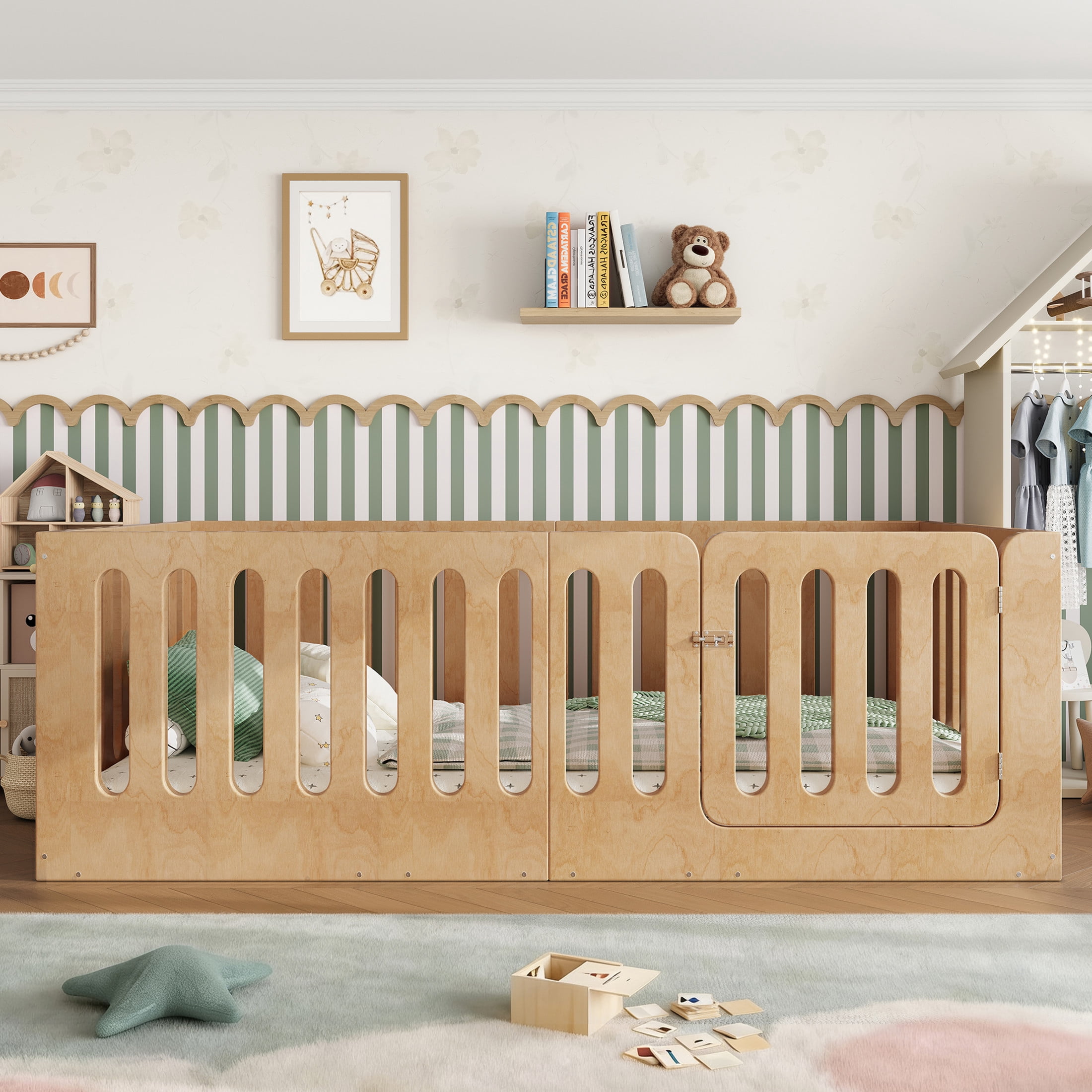 GDF Studio Twin Size Montessori Floor Bed with High Guardrails & Door, Low-Profile Design, Natural
