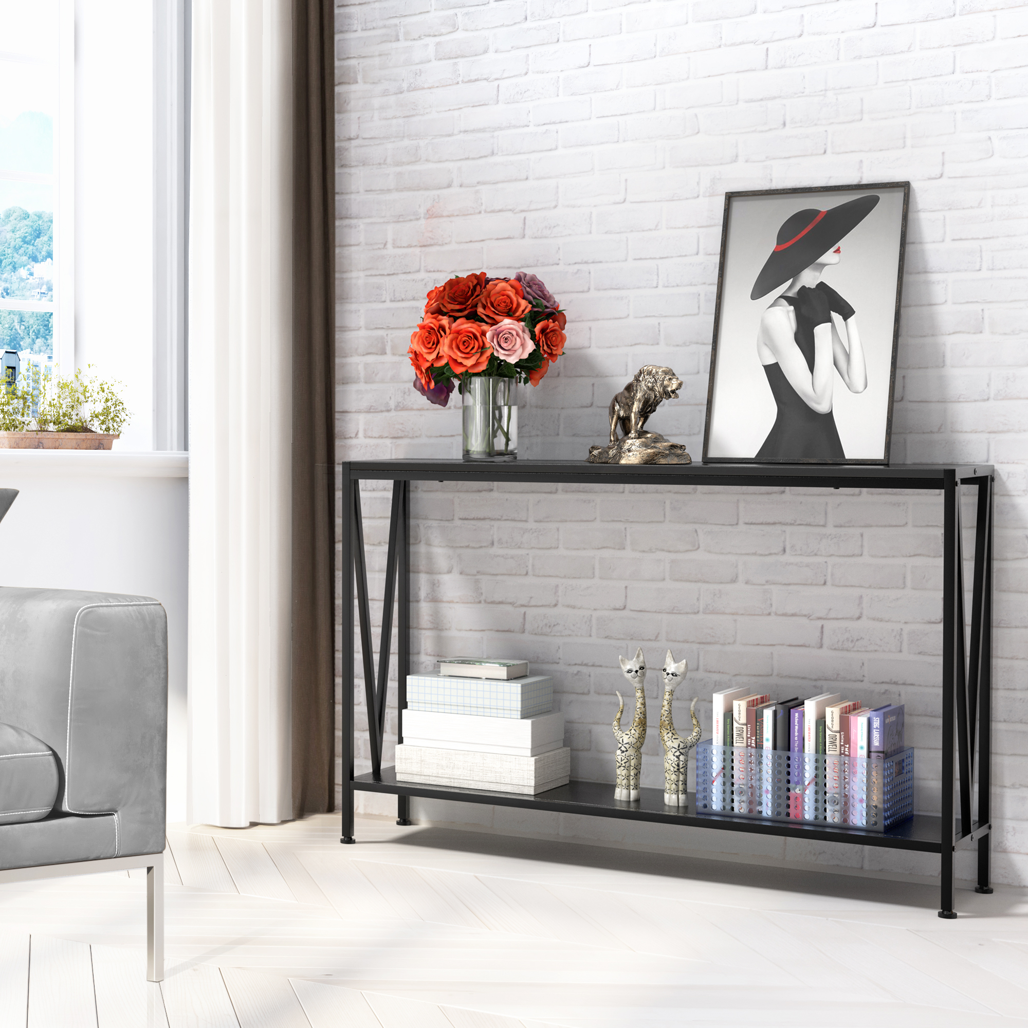 43 Inch Console Table, 2-Tier Narrow Console Sofa Side Table for Entryway Hallway Living Room, Premium Entryway Furniture for Hallway, Living Room, Foyer, Corridor, Office, in Black, Retro & Gray