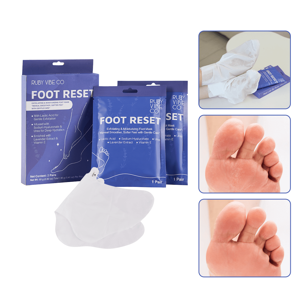 RUBY VIBE CO Foot Reset Foot Peeling Mask Socks, Moisturizing Foot Mask for Dry Cracked Feet with Lactic Acid, Urea & Hyaluronic Acid, 2 Pairs