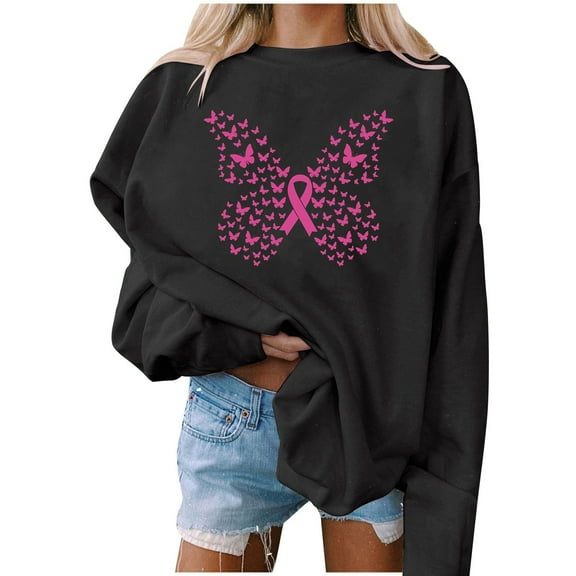 Luxalzxs Crewneck Sweatshirt Women Pink Ribbon Breast Cancer Awareness Sweatshirt Fall Winter Casual Long Sleeve Butterfly Print Inspirational Pullover Tops