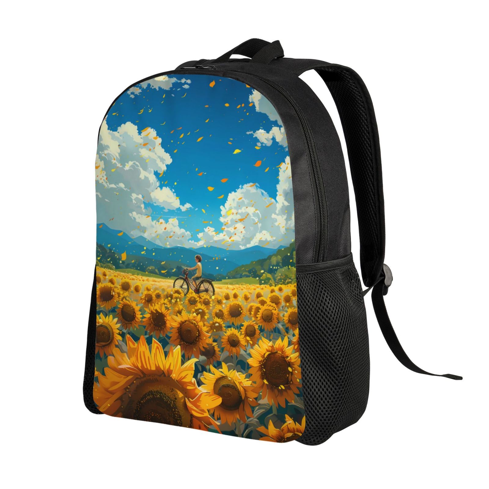 Xecao Field Bicycle Young Sunflower Print School Backpack with Laptop Compartment Small Travel Laptop Backpack for Women Men Waterproof College Backpack Simple School Bag