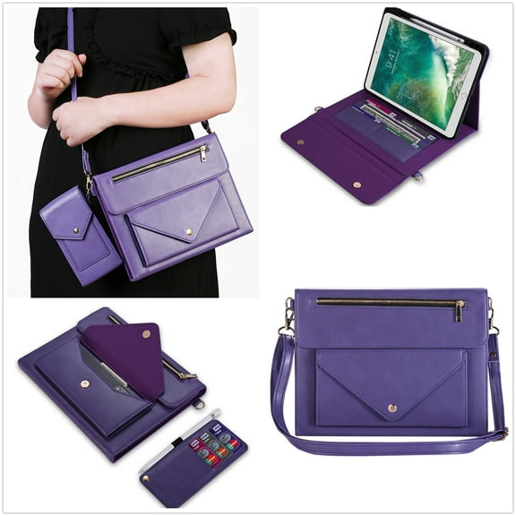 ELEHOLD Leather Bag Case for iPad Pro 12.9" 2022/2021/2020/2018 with Card Slots Zipper Storage Pencil Holder Kickstand Function Crossbody Shoulder Strap Handstrap Phone Bag Business Bag Case,Purple