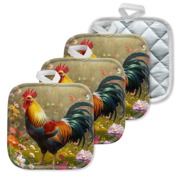 4 Pack Pot Holders,Kitchen Essential, Potholder Set,Colorful Rooster In A Sea Of Blooming Delights