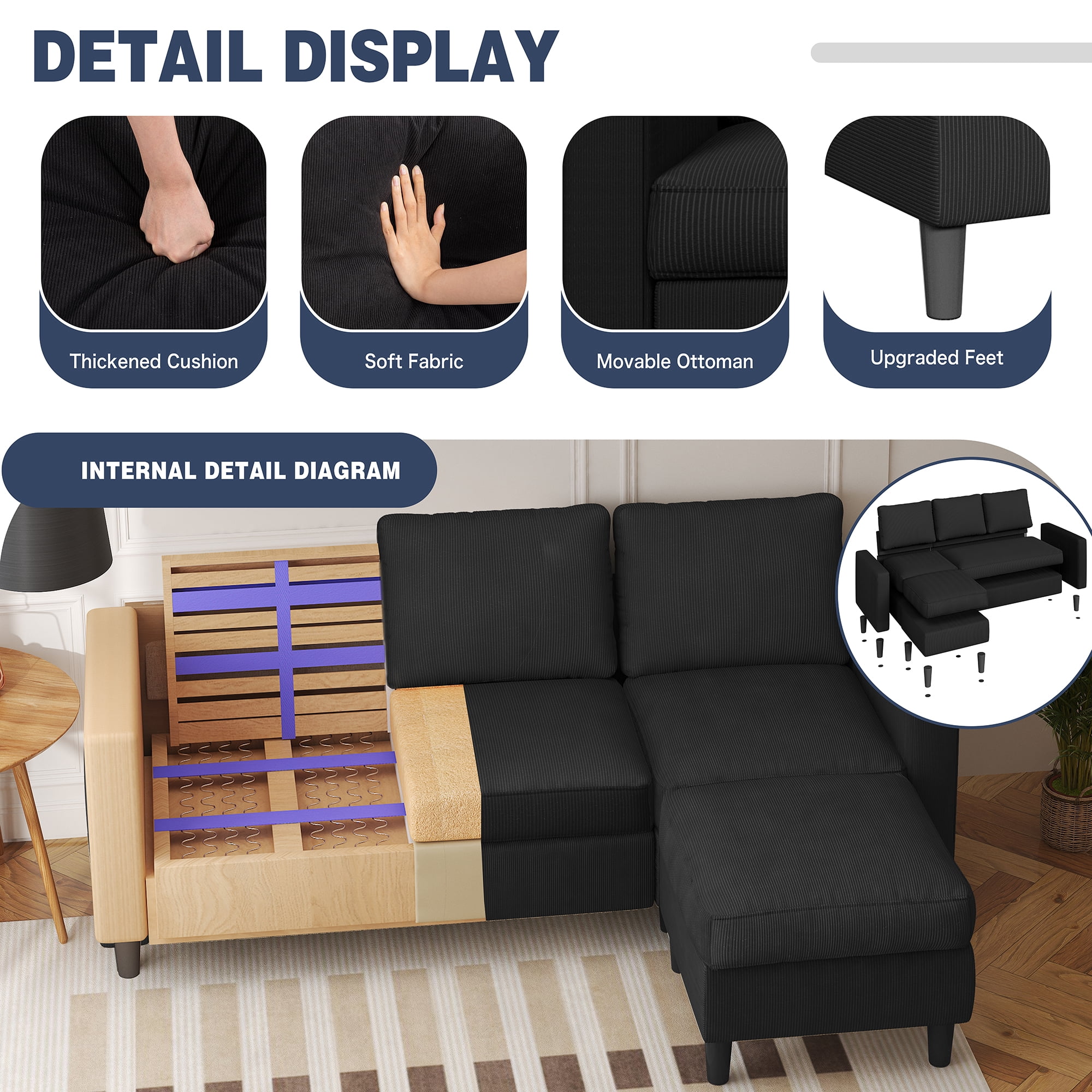 Walsunny 73.6" Convertible Sectional Sofa Couch, L-Shaped 3-Seat Sofa Couch with Reversible Chaise for Small Space,Black