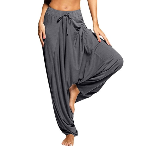 Pantalones de yoga de color liso y cintura alta para mujer: pantalones deportivos holgados y casuales, poliéster, cómodos para todas las estaciones, para uso diario y deportivo