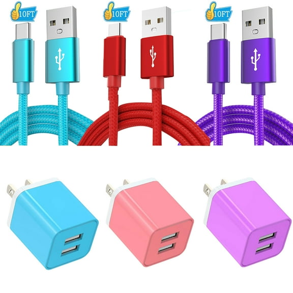 3Pack Charger Block,Type C Charger Fast Charging Cable 10 Feet AlmosTen High Speed Android Phone Charger Block Plug Adapter 2.4A Dual Port USB Wall Charger Block with(Type C Charger 10ft)