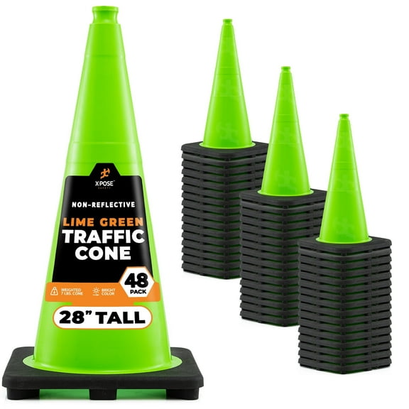 28” Lime Green Traffic Cone - 48 Pack - Premium PVC Safety Cone for Parking, Caution, Construction, Road Crews, Emergency Vehicle - Xpose Safety