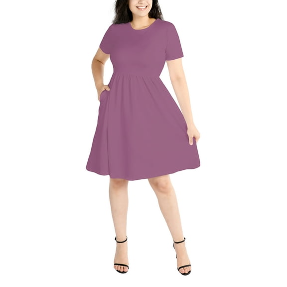 POSESHE Women's Plus Size Summer Dress, Short Sleeve Round-Neck Short Party Dress with Pockets