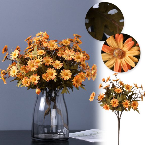 Sunset Mums Windproof Fall Flower Bouquet – Lifelike Outdoor/Indoor Silk Blooms - Floral Decor