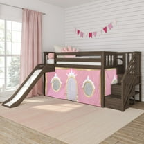 Low Loft With Stairs, Easy Slide & Light Pink & Gold Princess Curtain, Clay