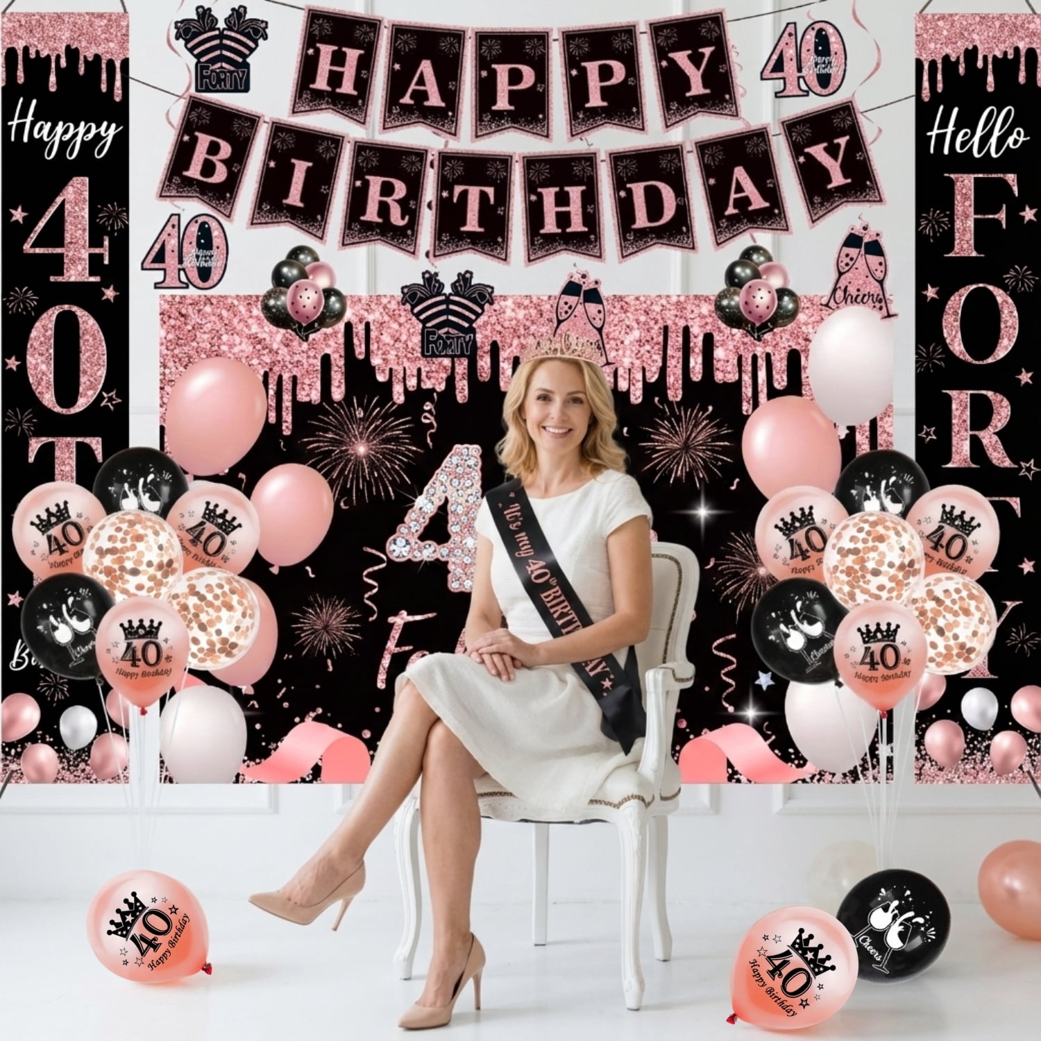 Happy Greetings 40th Birthday Party Decorations Kit Rose Gold Black for Women 45 Pieces