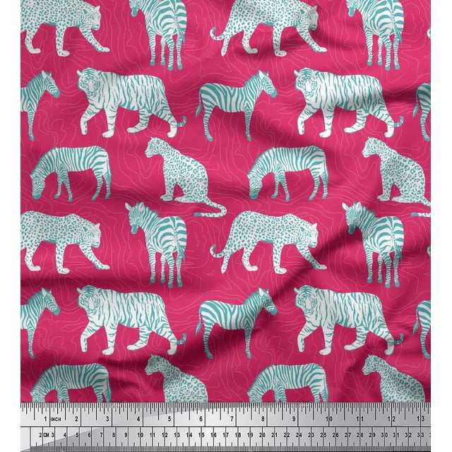Soimoi Pink Modal Satin Fabric Tiger,Leopard & Wild Animal Print Sewing Fabric BTY 42 Inch Wide