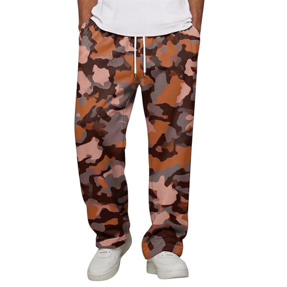 Men's Camo Cargo Pants Casual Elastic Drawstring Waist wide Leg Pants Lightweight Outdoor Hiking Relaxed Fit trousers with Multi Pockets Brown L