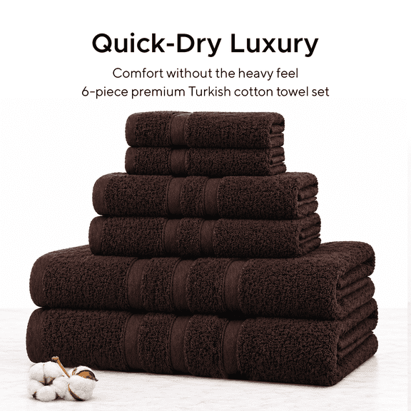 Veteran Textile Towels - 6 Pieces-100% Turkish Cotton - Luxury Towel Set for Bathroom & Kitchen, 2 Bath Towels, 2 Hand Towels & 2 WashCloths ( Valued $79.99 ) ( Dark Chocolate )