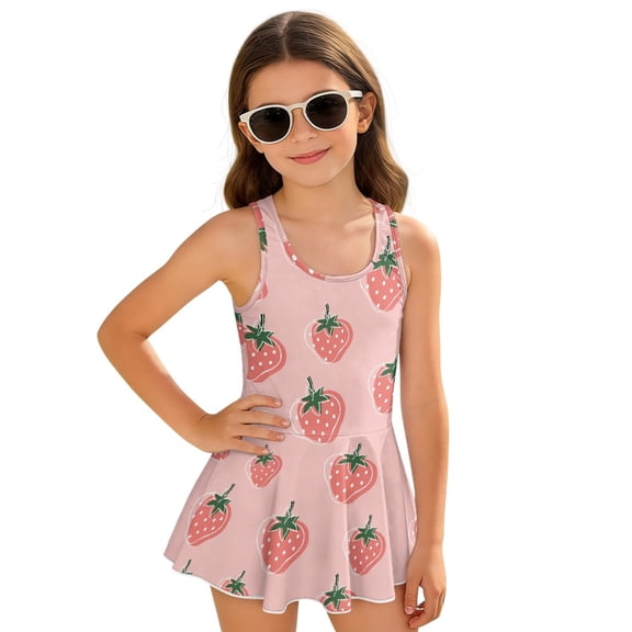 Tutolipy Strawberry Pattern Girls One Piece Swimsuit with Skirt, Quick Dry Swim Dress for Girls for Beach Summer Size 3-4 Years