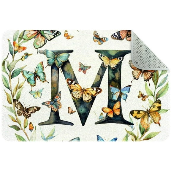 Letter M with Wreath Butterflies Watercolor Pattern Entryway Rug, 2x3 Area Rug Indoor Door Mat Non-slip Washable Floor Carpet Rug for Bedroom Office Dining Room Bathroom