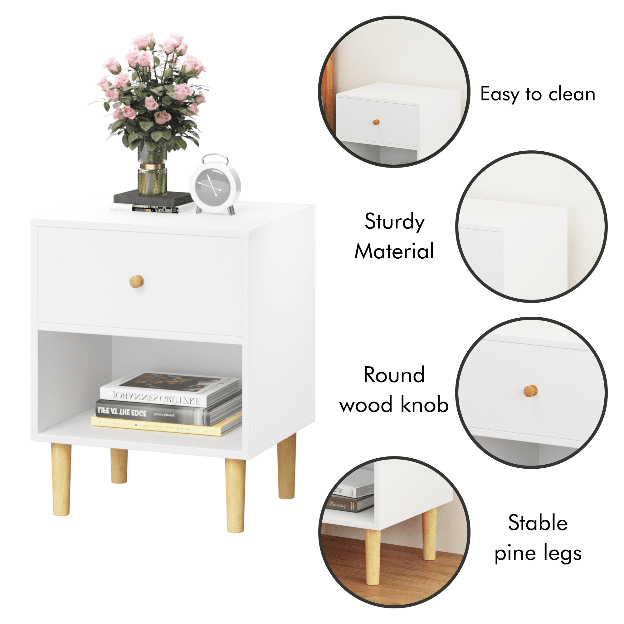 Yoneston Wooden Nightstand with Drawer Bedside Table for Bedroom, Dorm and Small Spaces, White