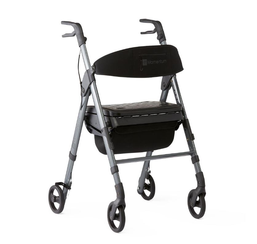 Medline Momentum Steel Rollator, Folding Rolling Walker, 6" Wheels, 250lb Weight Capacity, Gray