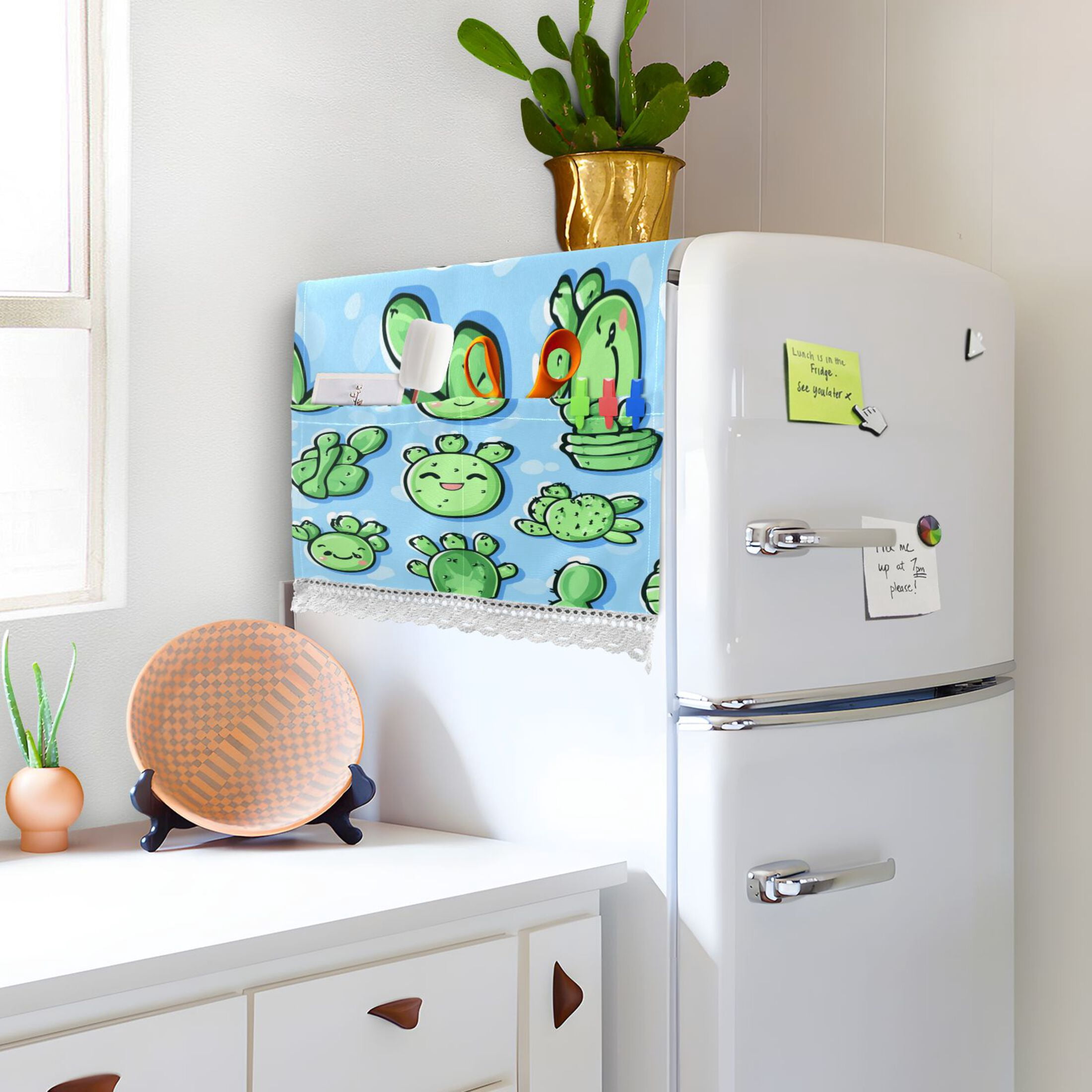 WOBOGO Cute Cartoon Cactus on Blue Background Washing Machine Cloth Dryer Refrigerator Top Cover Protective Non-Slip Mat For Kitchen Laundry