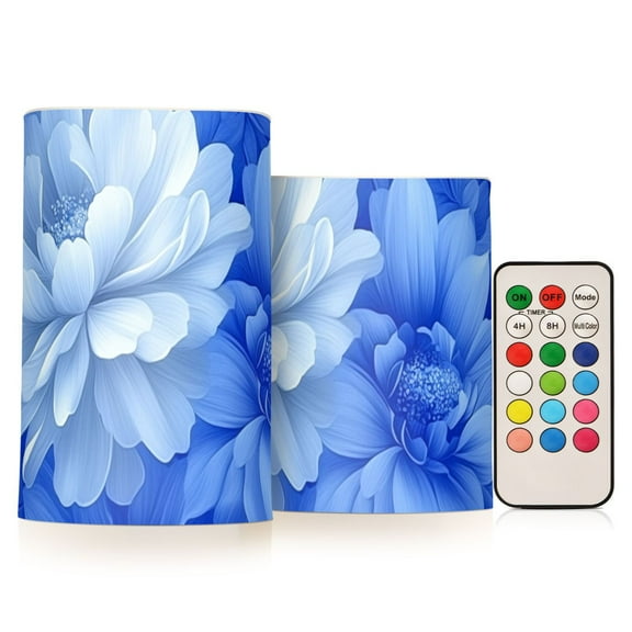 Elegant Blue Flower Flickering Flameless Candles Battery Operated with Remote Timer LED Pillar Candles Set of 2