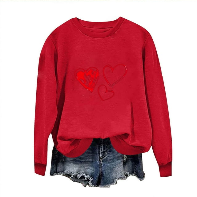 Ounisa Chemises à Manches Longues pour Femmes Col Rond T-Shirts de la Saint-Valentin T-Shirts Unis Hauts à la Mode pour l'Hiver
