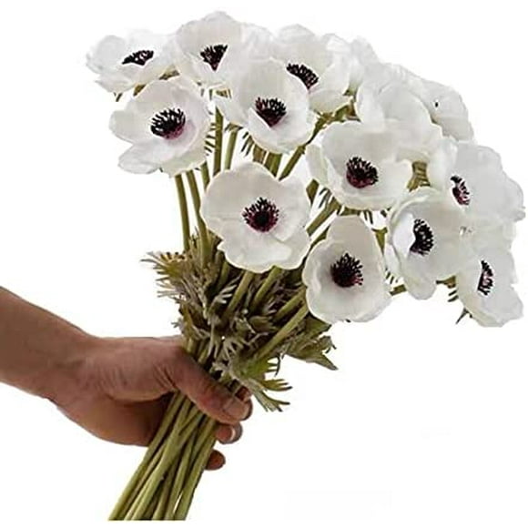 10 Pack Artificial Anemone Blooming Flower Bushes with Green Foliage for Home, Restaurant, Office & Wedding Decor-White