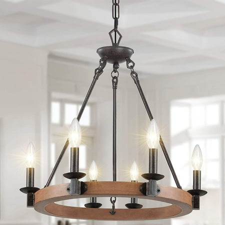 

JSTCL 6-Light Farmhouse Chandelier Rustic Wagon Wheel Chandelier Wood-Painted Metal Hanging Light Fixtures for Dining Room Living Room Kitchen Island Foyer Entryway19.5 Dia