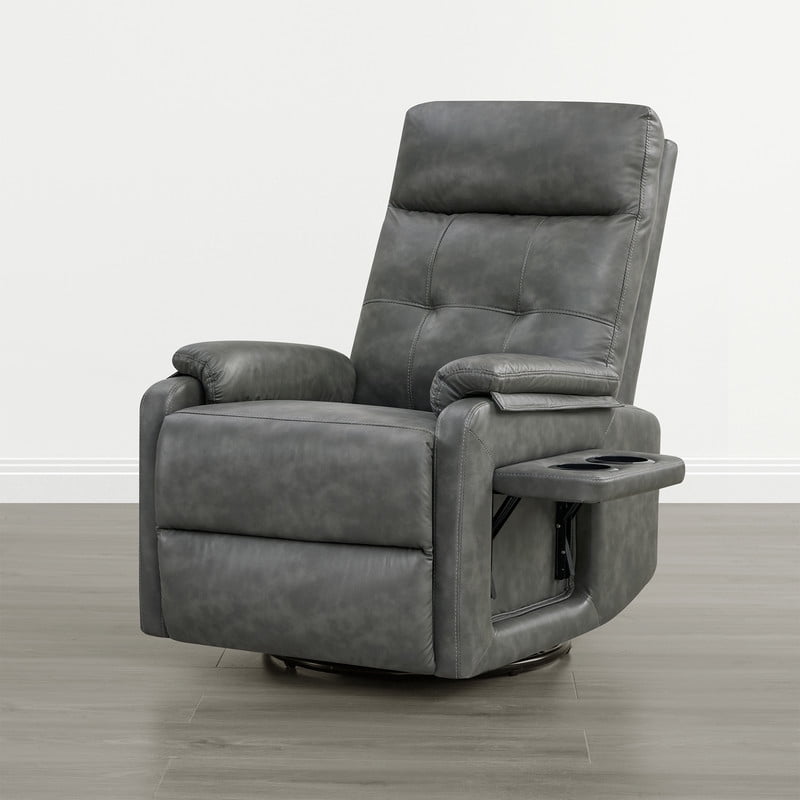 Spruce & Spring Manual Swivel Recliner Chair with Storage Pocket & Cup Holders for Living Room & Bedroom, Gray Faux Leather
