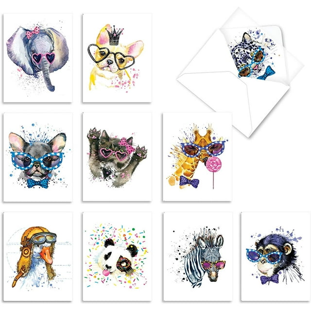 Assorted Boxed of 10 'Funky Colorful Creatures' Thank You Notecards w/Envelopes - Featuring Beautiful Painted Animals Wearing Glasses and Crowns - Cute All-Occasion Cards for Kids AM6749TYG-B1x10