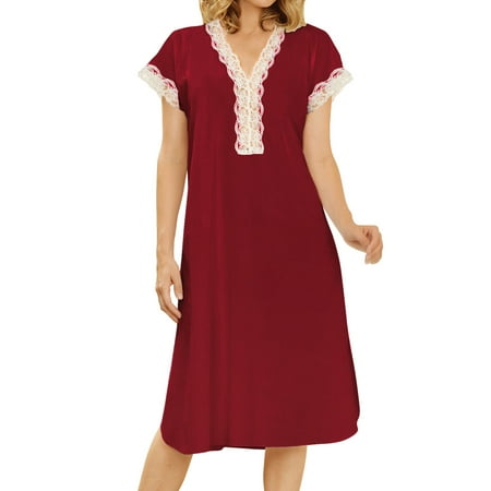 

MEGAWHEELS Women Long Nightgown Lace stitching Short Sleeve Nightshirt