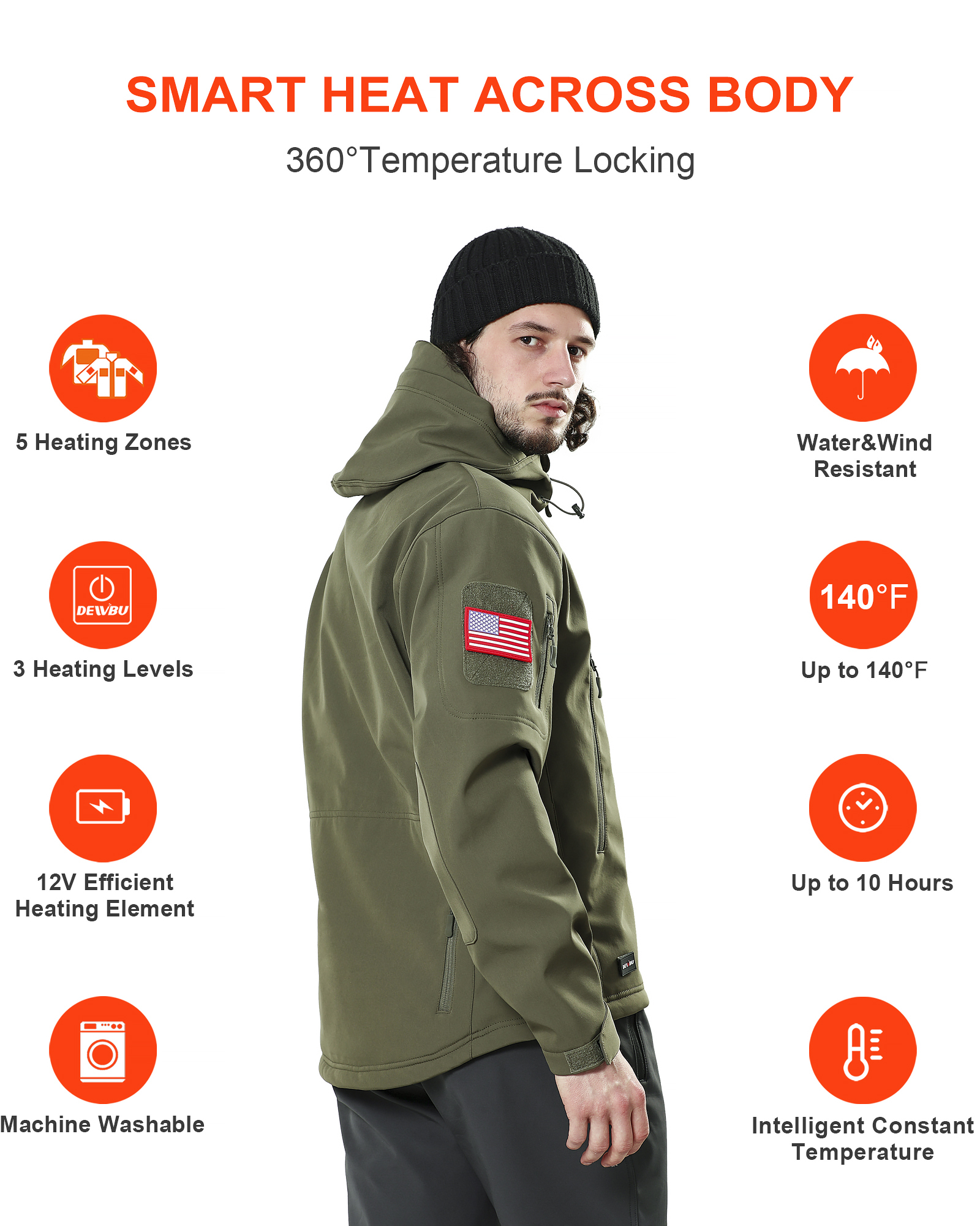 DEWBU Heated Jacket with 12V Battery Pack Winter Outdoor Soft Shell Electric Heating Coat, Men's Olive Green, 3XL - image 4 of 8