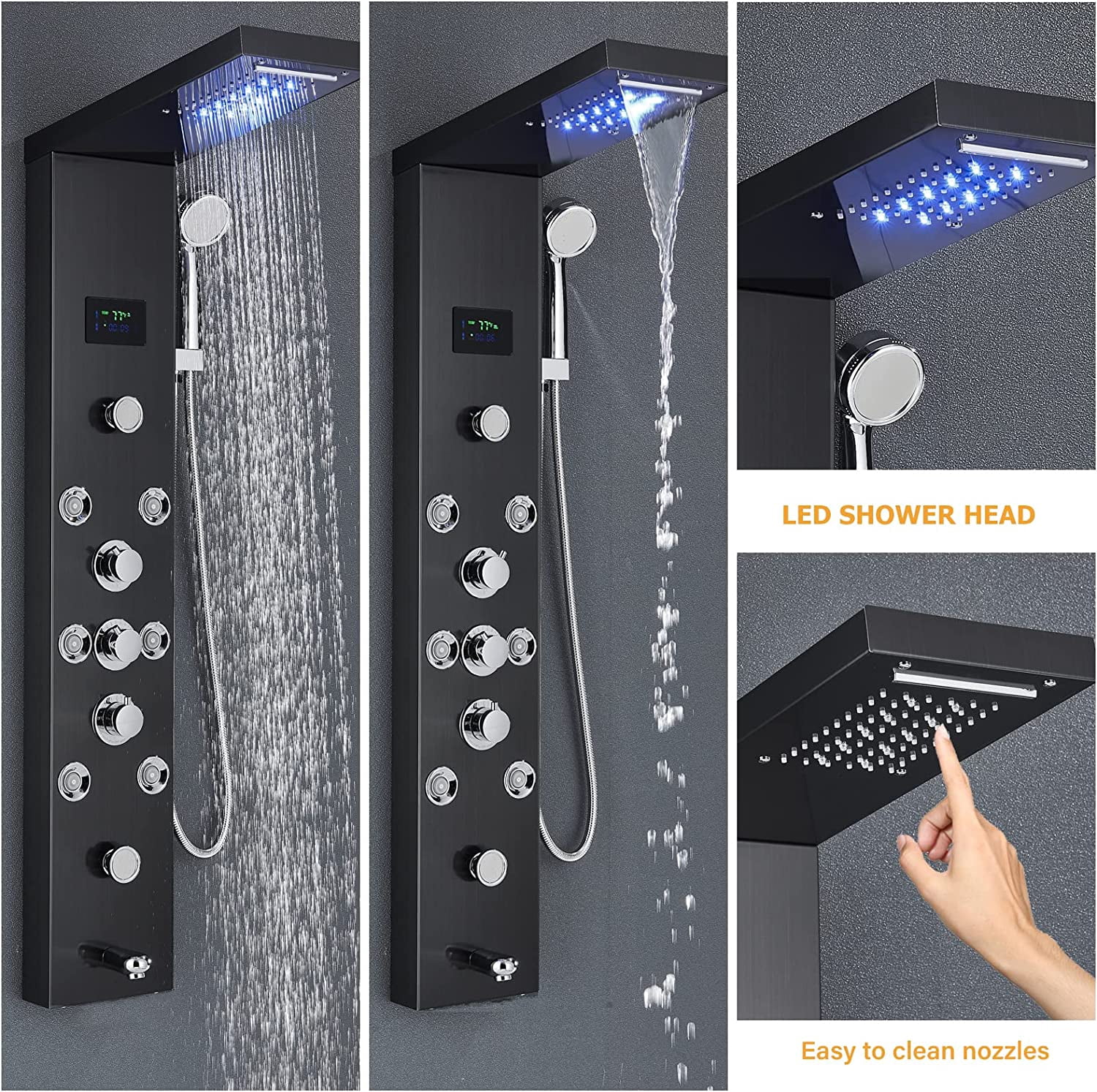 Pommeau de douche LED noir mat, panneau de douche, système de tour, cascade de pluie, Massage mural, corps, Spa, bain-douche, mélangeur de robinet
