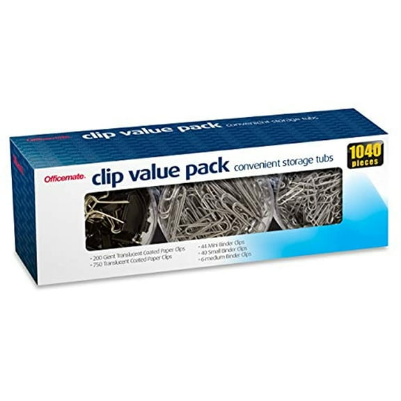 Officemate Clip Value Pack 1040 Pieces, 200 Giant Coated Paperclips, 750 #2 Coated Paperclips, 44 Mini, 40 Small and 6 Medium Black Binder Clips (97300)