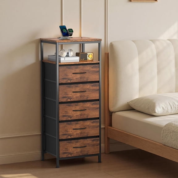 Nightstand with Charging Station, Bedside Table with 5 Fabric Drawers and USB Type C Ports AC Outlets, Adjustable Feet and Light Strip, Rustic Brown Bedroom Furniture for Dorm Living Room