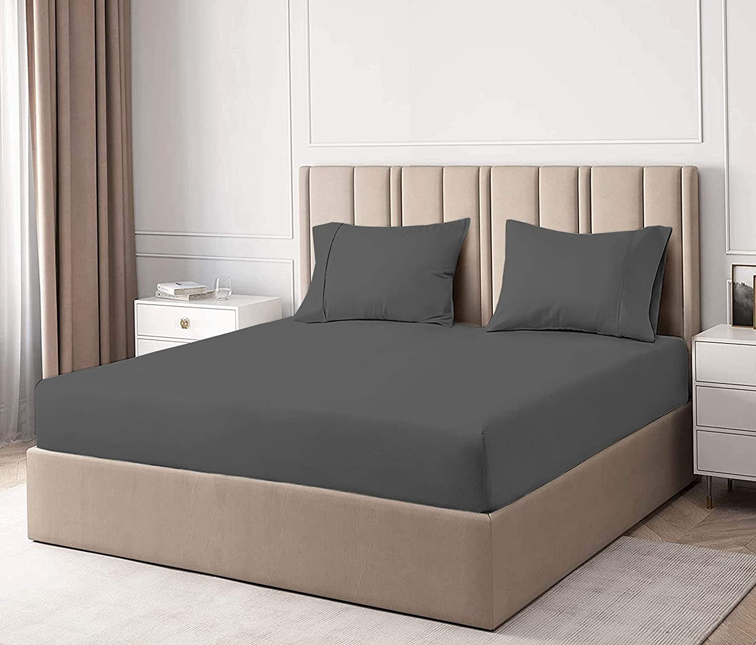 100% Bamboo 3 Piece Fitted Sheet Set, 14" Deep Pocket, ( 1 Piece Fitted sheet and Two Pillowcases ), 100% Organic Bamboo - Full XXL Size - Dark Gray Solid.