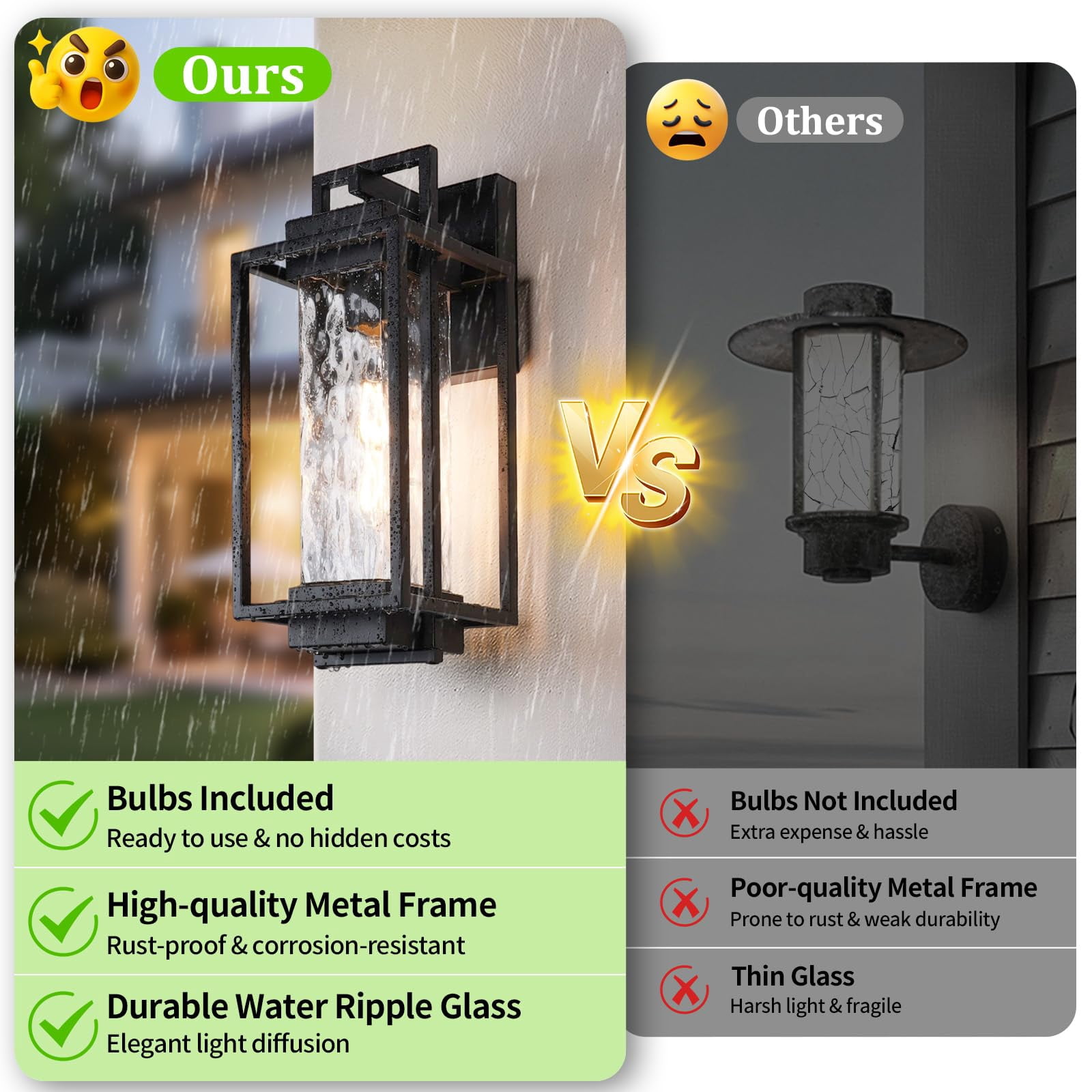 2-pack Modern Outdoor Wall Lights With 2 Led Bulbs  15'' Exterior Lighting Fixtures Mount Water Ripple Glass Black Porch Sconces Outside For House Garage