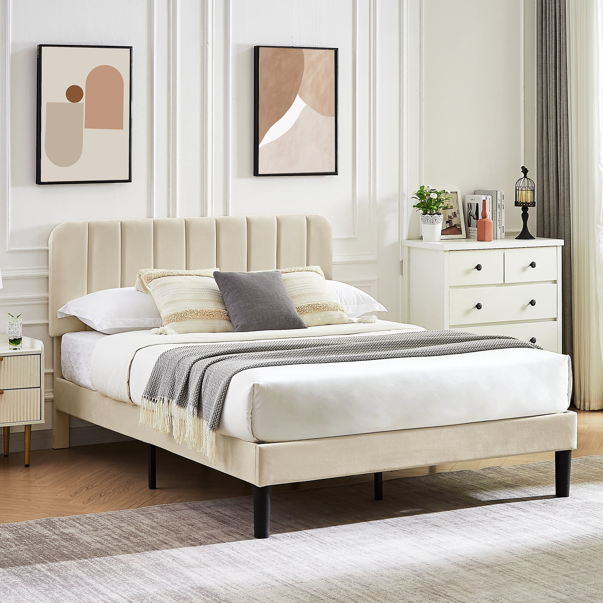 VECELO Full Size Bed Frame with Upholstered Headboard, Velvet Platform Bedframe Mattress Foundation, Strong Wood Slat Support, No Box Spring Needed,Velvet Beige