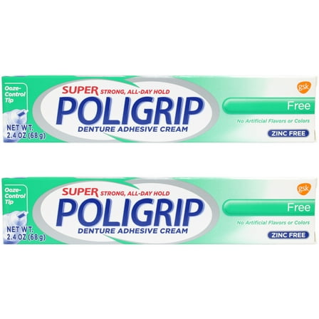 Super Poligrip Denture Adhesive Cream Free Triple Action, Zinc Free 2.4 Oz, - 2 Pack