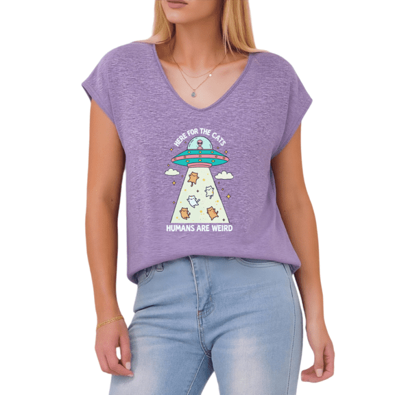 Giffimy Women's Purple UFO Cat Abduction Print S-5XL V-Neck Sleeveless T-Shirt Funny Cat Lover Tank Top