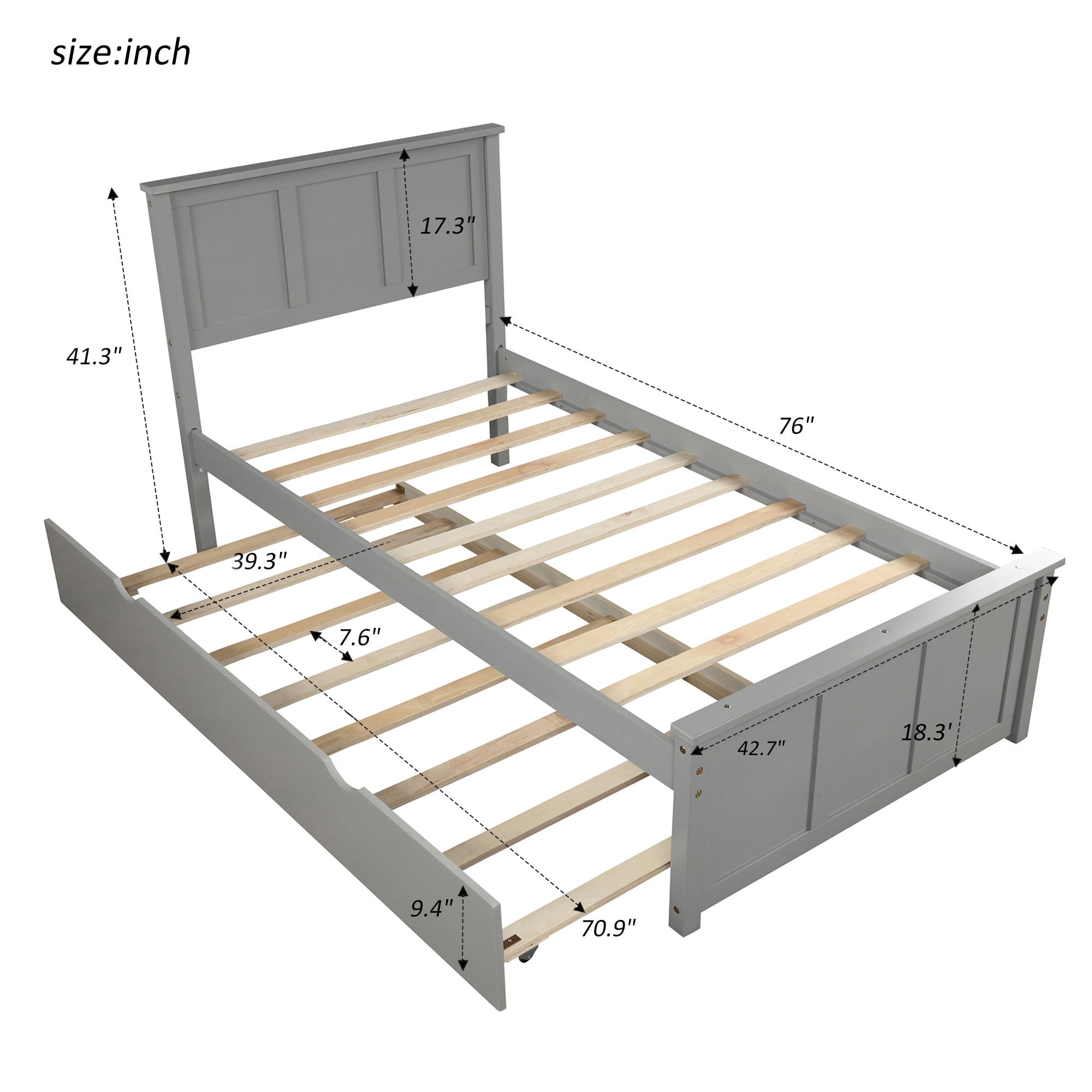 Euroco Wood Twin Size Platform Bed with Trundle for Kids Teens, Gray