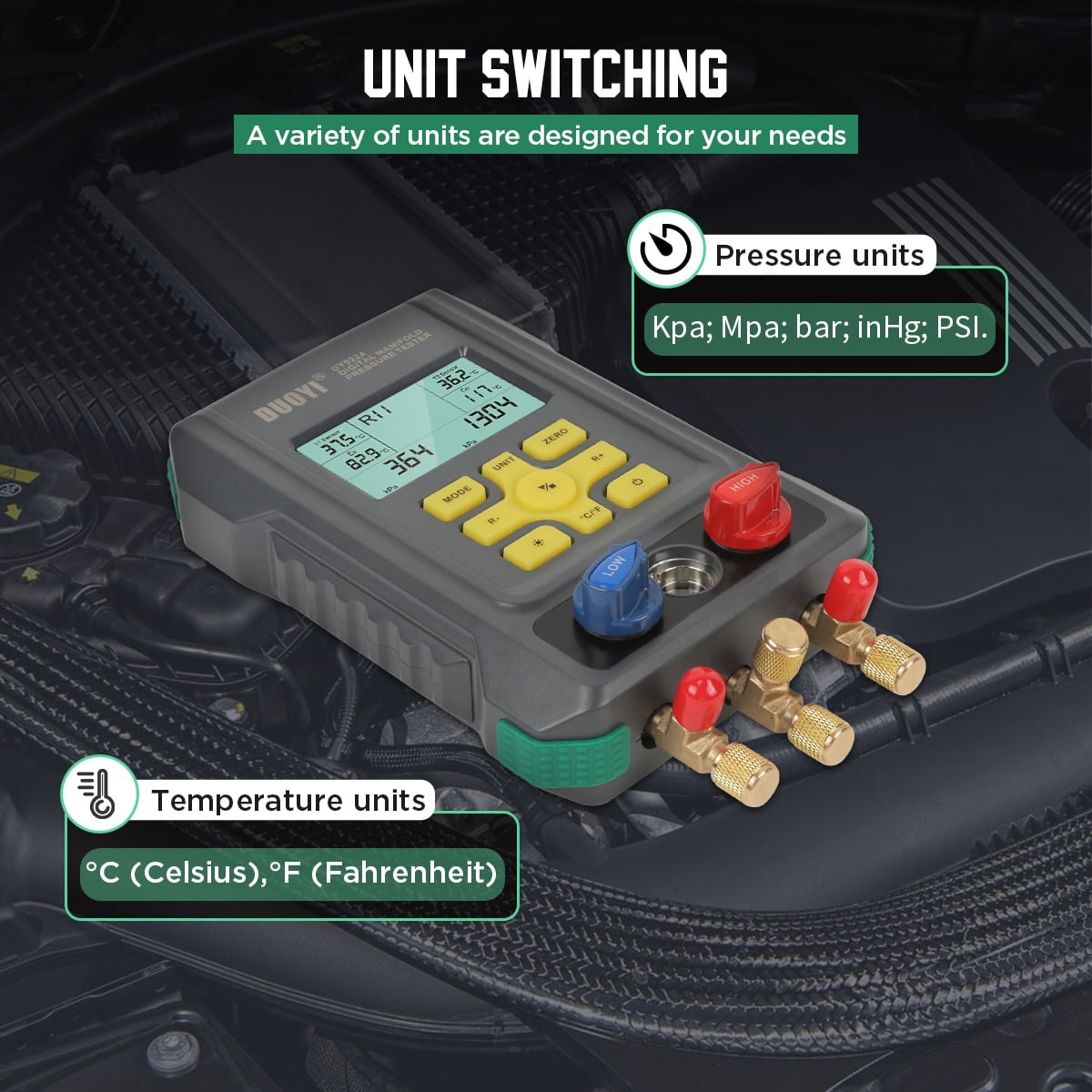 DUOYI 522A Digital Manifold Gauge Set, HVAC Vacuum Pressure&Temperature Tester, Air Conditioning Tools & Equipment